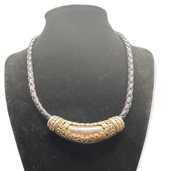 Jewelry - Reversible silver choker on leather cord scrollwork heavy clasp 14” base of neck